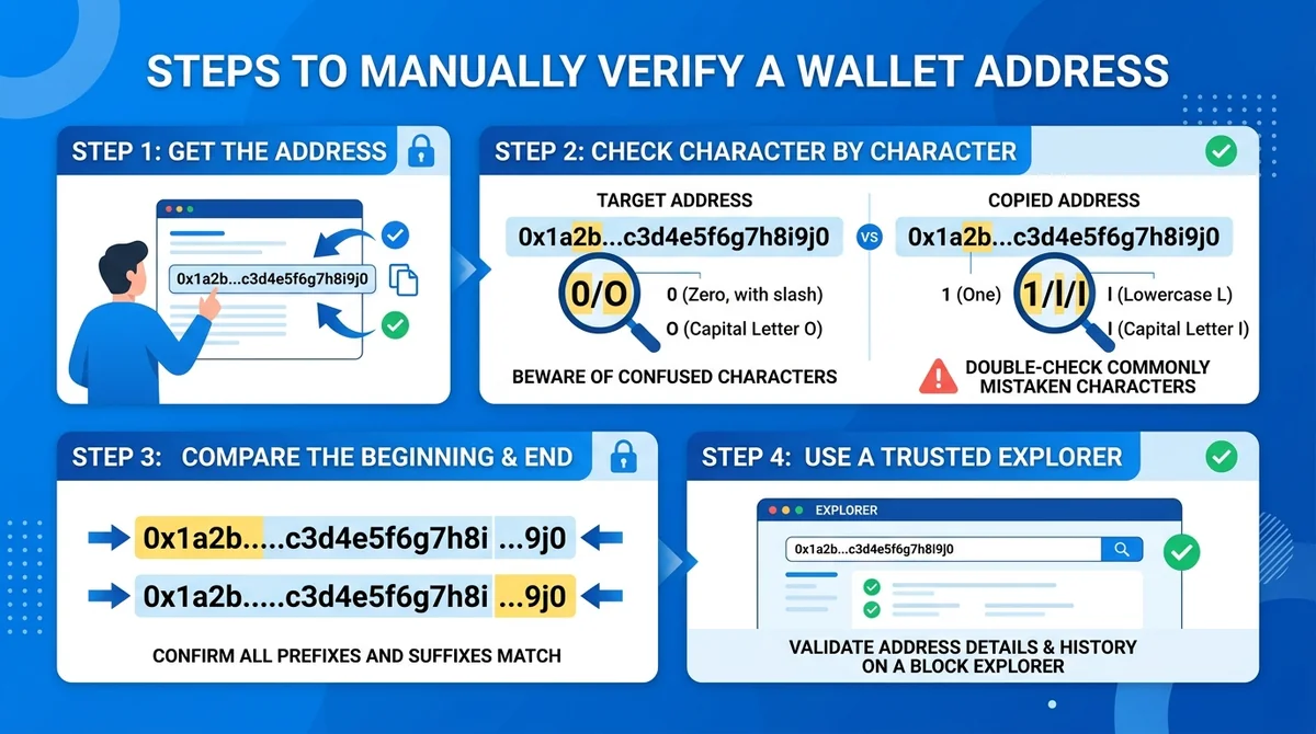 Infographic showing steps to manually verify a wallet address, two address strings side by side with magnified characters, hi