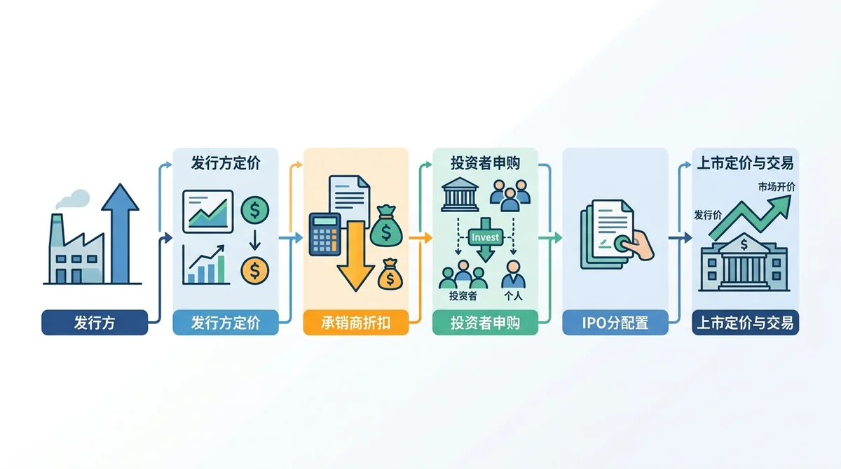 IPO折扣机制流程图：从发行方定价、承销商折扣、投资者申购到上市定价的流程，突出折扣环节