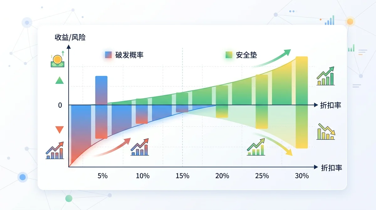 折扣大小与散户潜在收益/风险对比图：横轴为折扣率，纵轴为收益/风险，展示不同折扣下的破发概率与安全垫