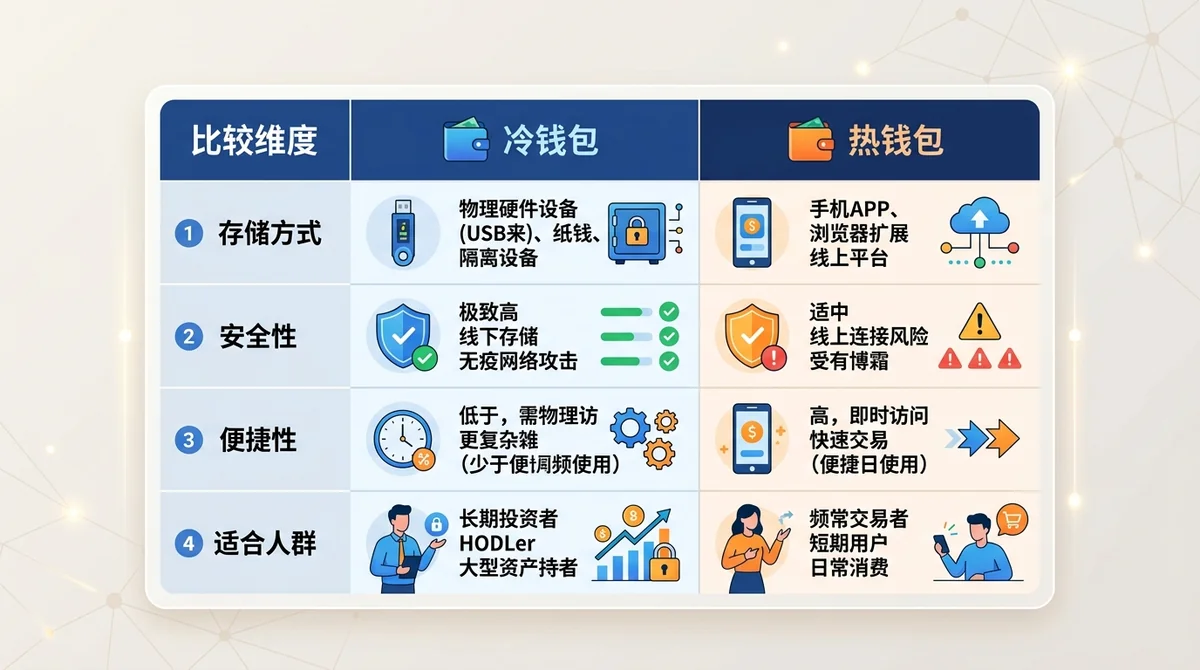 冷钱包与热钱包对比表格，展示存储方式、安全性、适合人群等维度