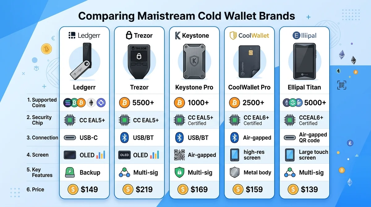 主流冷钱包品牌对比图，展示 Ledger、Trezor 等品牌的支持币种、安全芯片、价格等