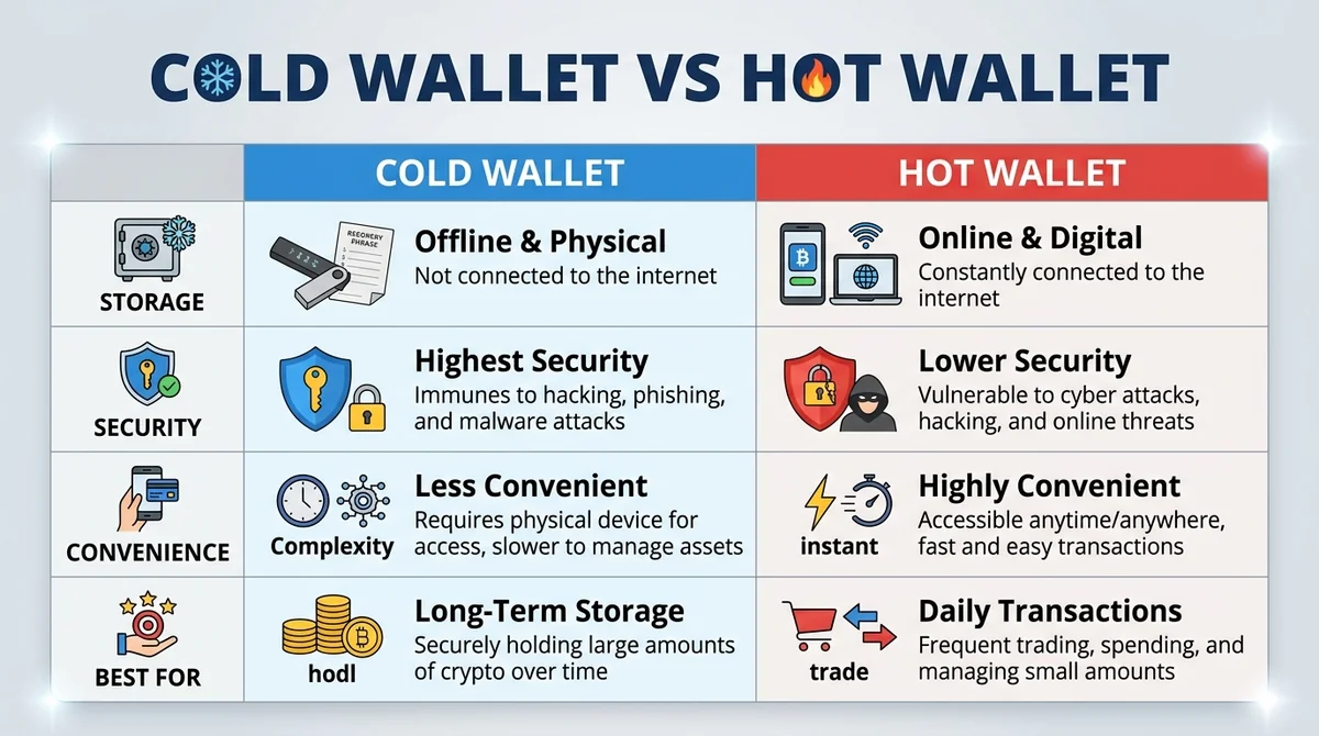 Wide 16:9 horizontal comparison table with two columns: Cold Wallet and Hot Wallet. Rows: Storage, Security, Convenience, Bes