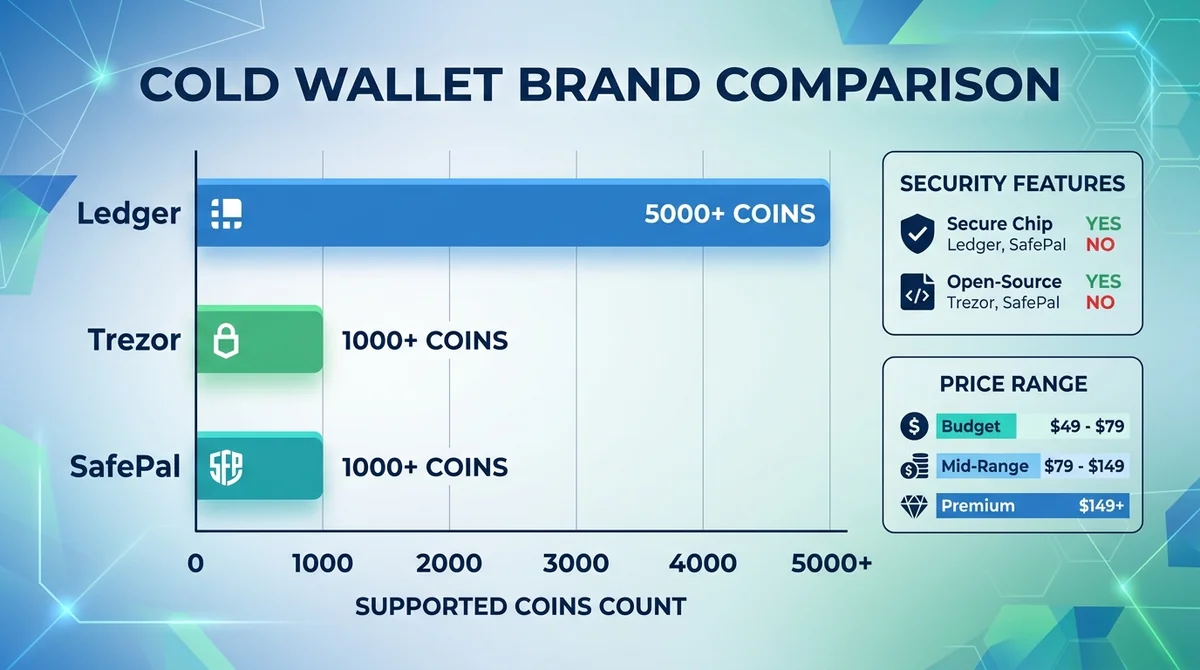 Wide 16:9 horizontal bar chart comparing three cold wallet brands: Ledger, Trezor, SafePal. X-axis: brand names, Y-axis: supp