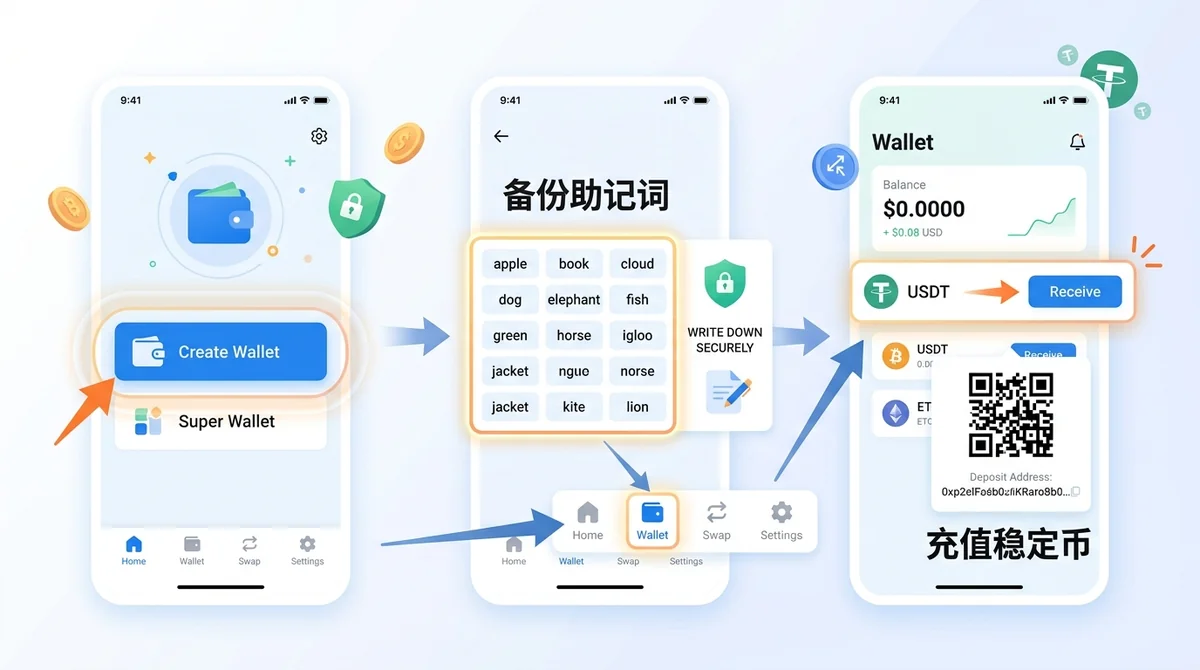 加密钱包创建与充值操作截图:展示钱包App界面,用箭头和高亮标注创建钱包、备份助记词、充值稳定币的关键位置