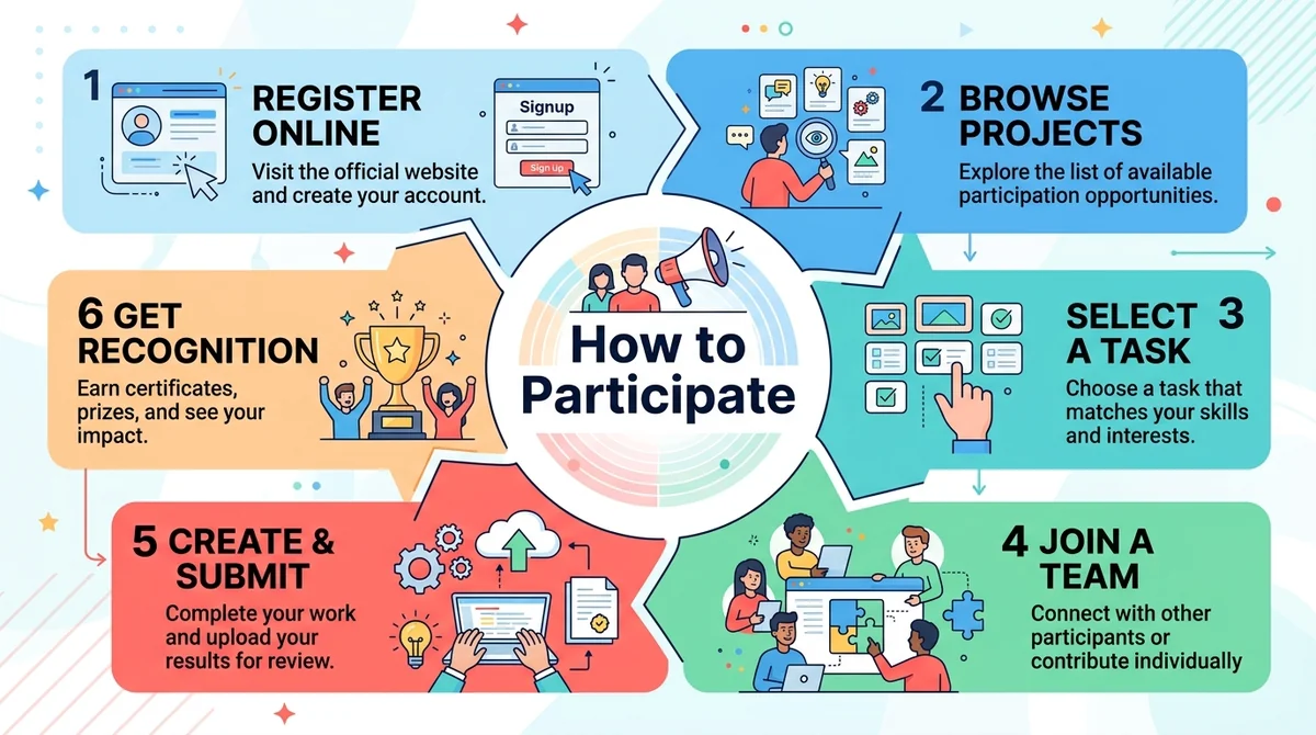 Wide 16:9 horizontal infographic, 6 numbered steps in a circular flow, central title 'How to Participate', modern flat design