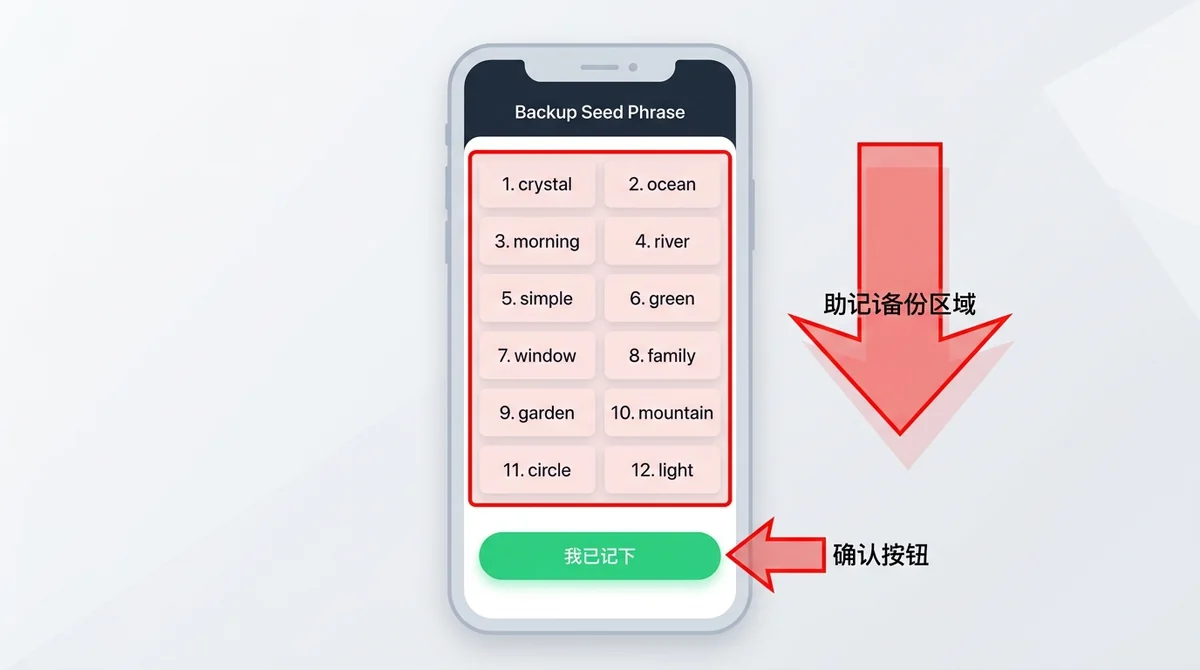钱包创建与备份步骤截图:展示助记词备份界面,用箭头高亮助记词区域和确认按钮