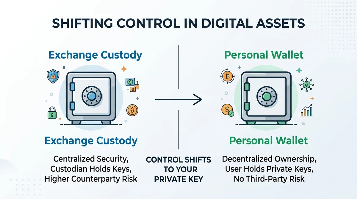 Infographic with two columns: left side exchange safe deposit box icon labeled 'Exchange Custody', right side personal home s