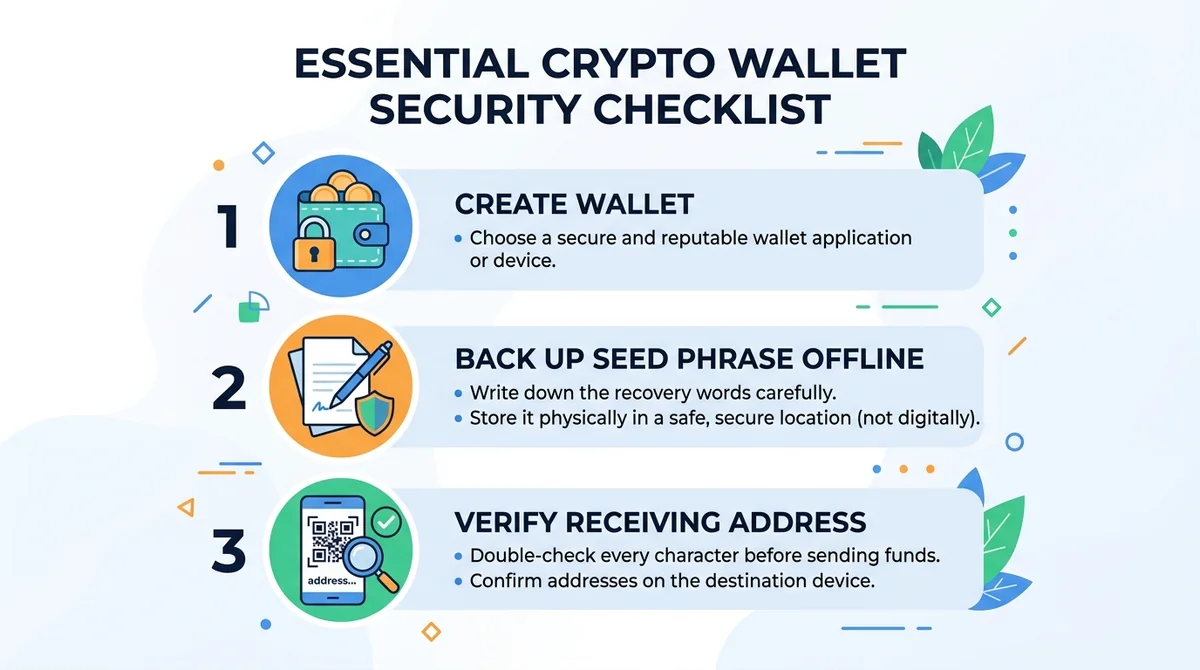 Vertical checklist infographic with three items: 1. Create wallet, 2. Back up seed phrase offline, 3. Verify receiving addres
