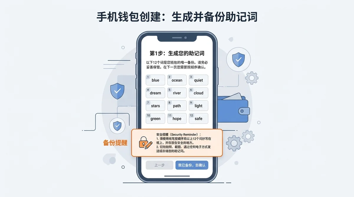 手机钱包创建步骤截图：展示助记词生成页面，标注备份提醒