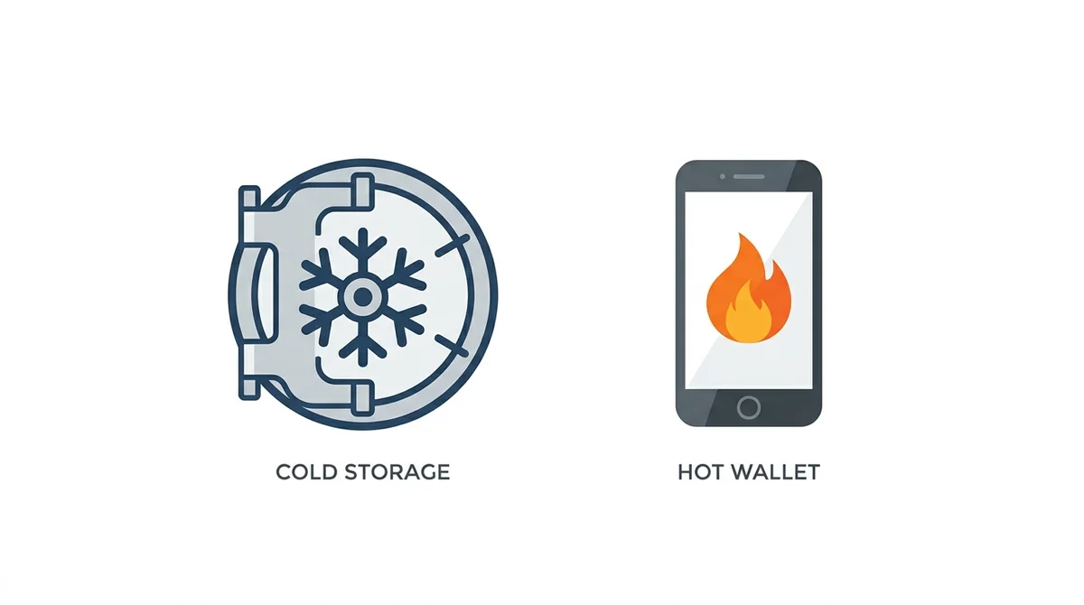 Two simple flat icons side by side: a bank vault with a snowflake symbol representing cold storage, and a smartphone with a f