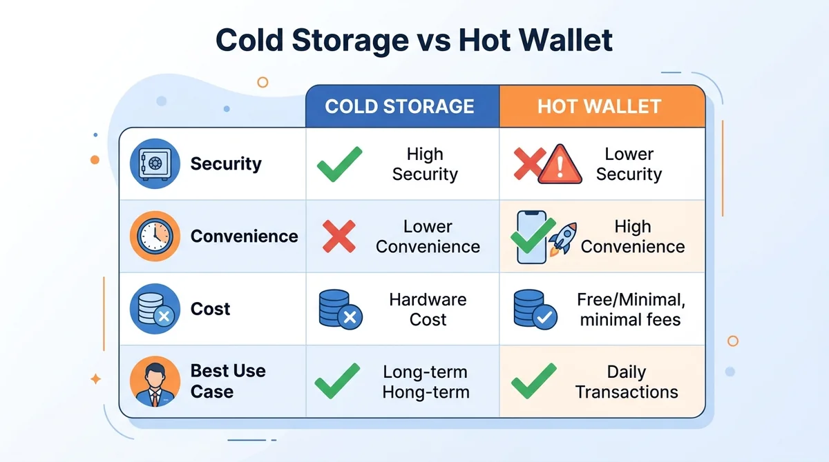 Clean comparison table with two columns: Cold Storage and Hot Wallet, rows for Security, Convenience, Cost, Best Use Case, wi