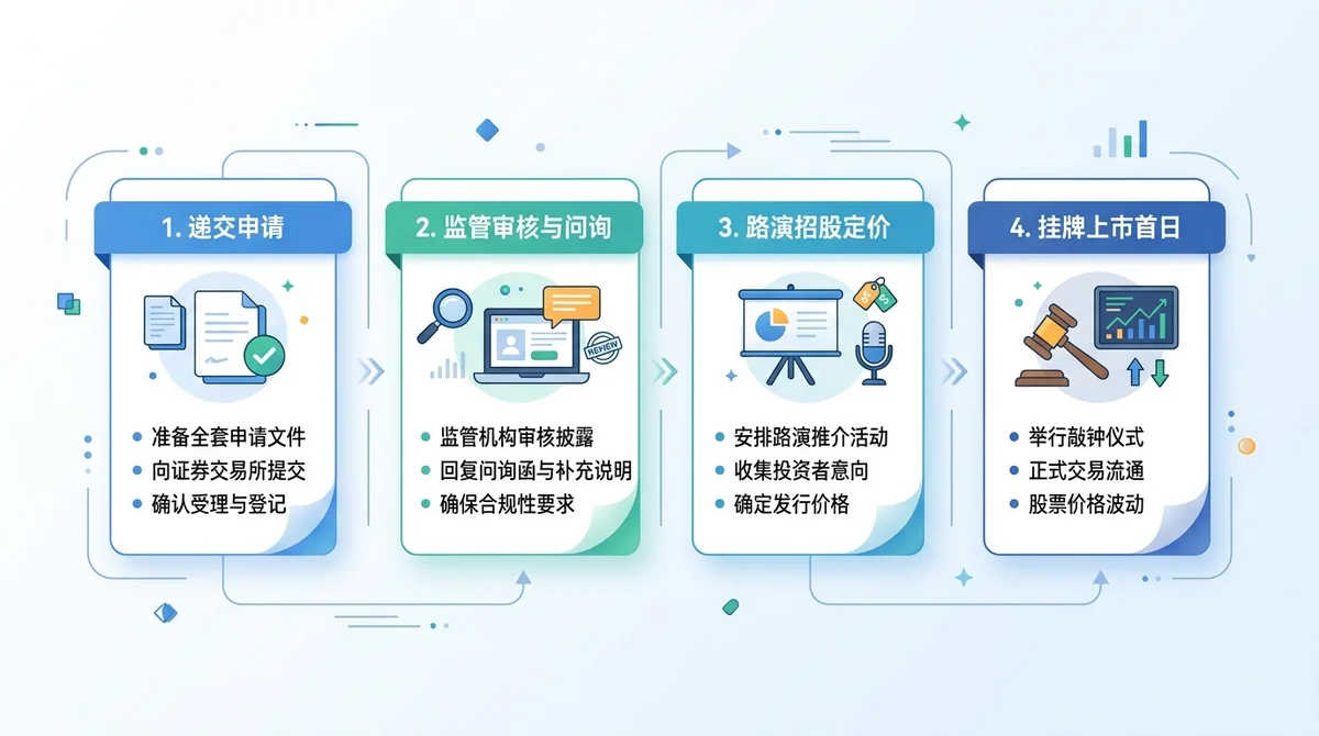 四阶段流程信息图:递交申请 → 监管审核与问询 → 路演招股定价 → 挂牌上市首日,每阶段下方列出该阶段的核心动作要点