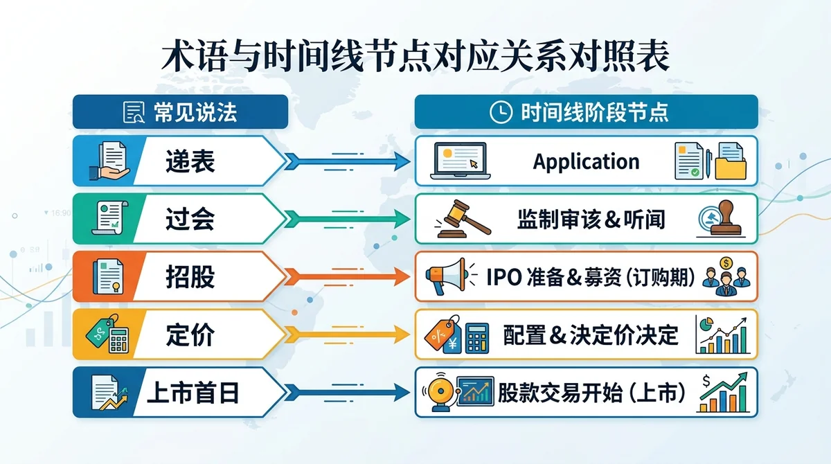术语与时间线节点对应关系对照表:左侧列出「递表」「过会」「招股」「定价」「上市首日」等常见说法,右侧对应时间线阶段节点