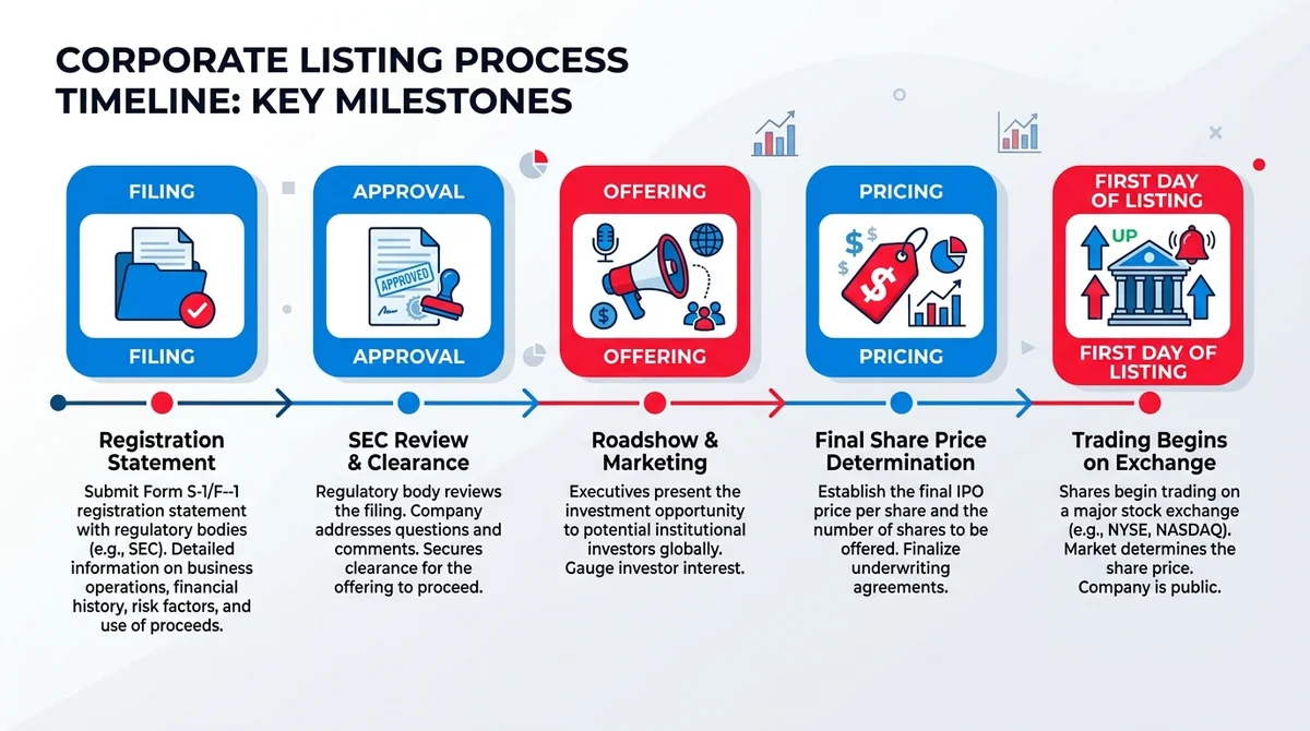 Wide 16:9 horizontal infographic timeline with five milestones: Filing, Approval, Offering, Pricing, First Day of Listing, ea