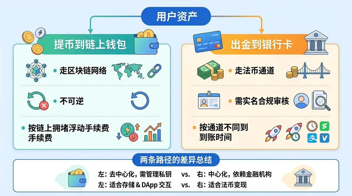 提现两大路径对比信息图:左列'提币到链上钱包'(走区块链网络、不可逆、按链上拥堵浮动手续费),右列'出金到银行卡'(走法币通道、需实名合规审核、按通道不同到账时间),底部总结两条路径的差异