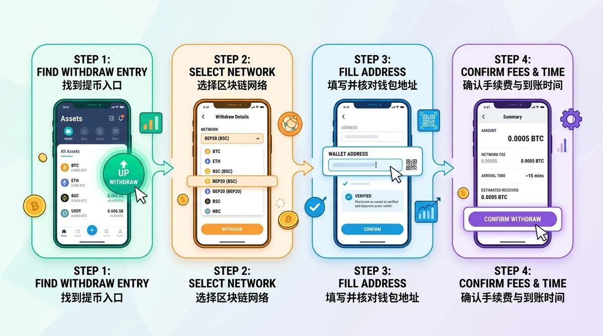 提币到钱包四步操作流程图:第一步找到提币入口、第二步选择区块链网络、第三步填写并核对钱包地址、第四步确认手续费与到账时间,每步配移动端界面示意并高亮操作位置