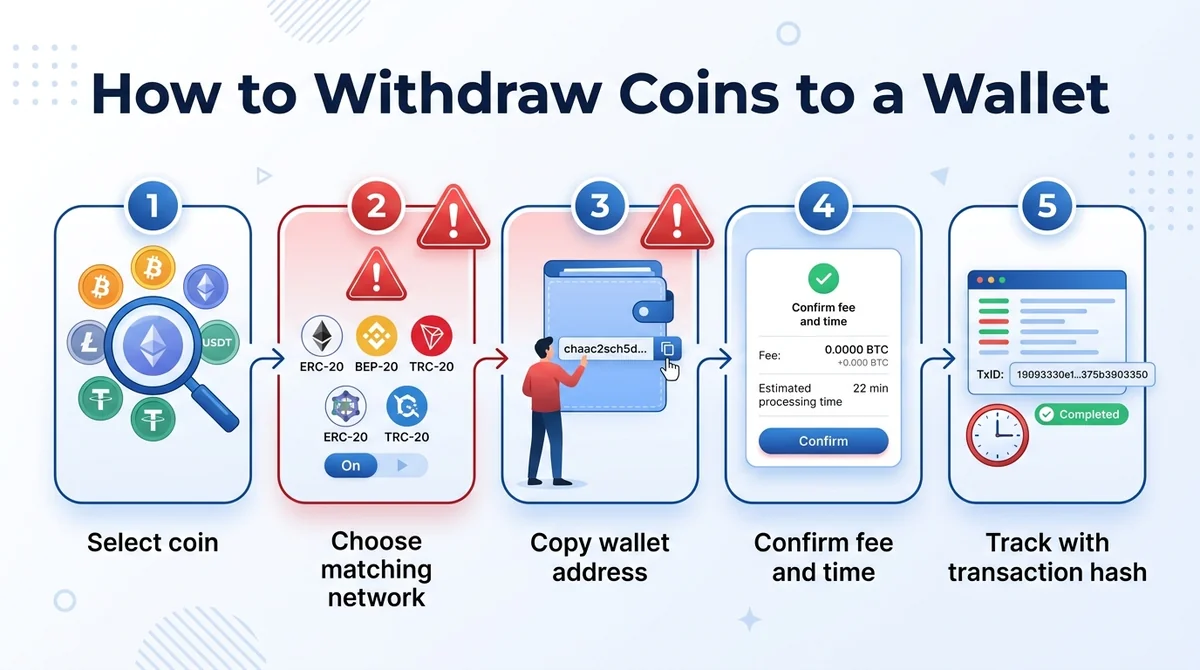 Wide 16:9 horizontal infographic, numbered flow diagram with 5 steps: 1. Select coin, 2. Choose matching network, 3. Copy wal