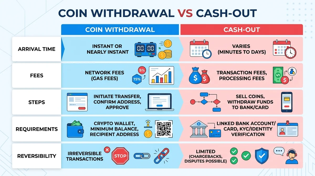 Wide 16:9 horizontal comparison table, two columns: 'Coin Withdrawal' and 'Cash-Out', rows for Arrival Time, Fees, Steps, Req