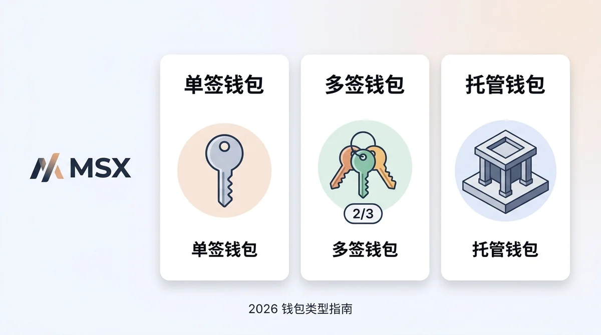 硬件钱包的姊妹概念：单签、多签与托管钱包怎么区分（2026）