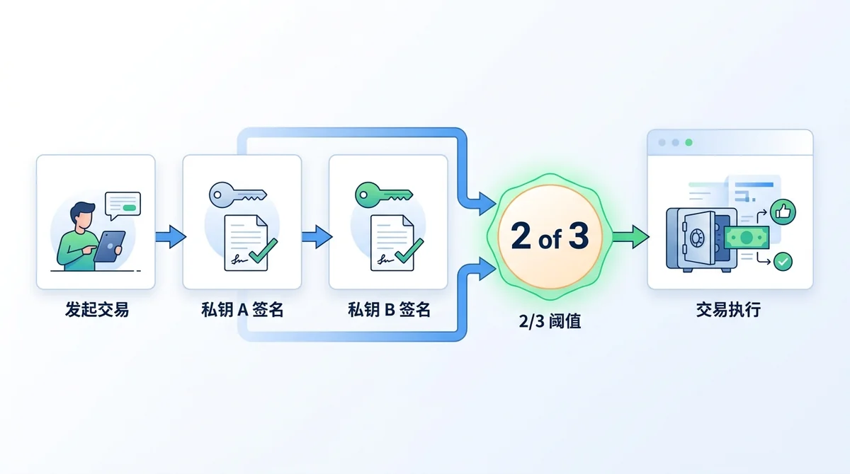多签钱包运作流程图:从左到右展示'发起交易 → 私钥 A 签名 → 私钥 B 签名 → 达到 2/3 阈值 → 交易执行',并在阈值节点用高亮标注'2 of 3'