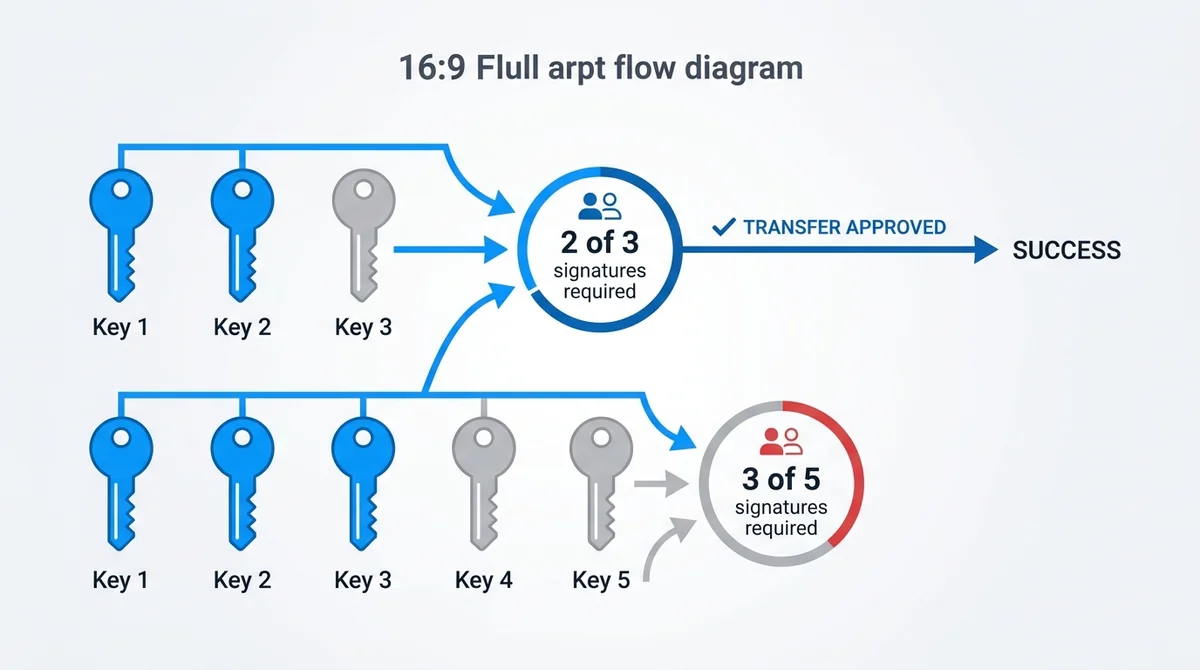 Wide 16:9 horizontal flow diagram, top row: three key icons, two highlighted in blue, arrows converging into a gate labeled '