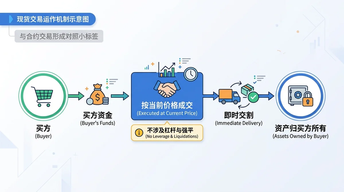 现货交易运作机制示意图:买方资金→按当前价格成交→即时交割→资产归买方所有,旁注'不涉及杠杆与强平',与合约交易形成对照小标签