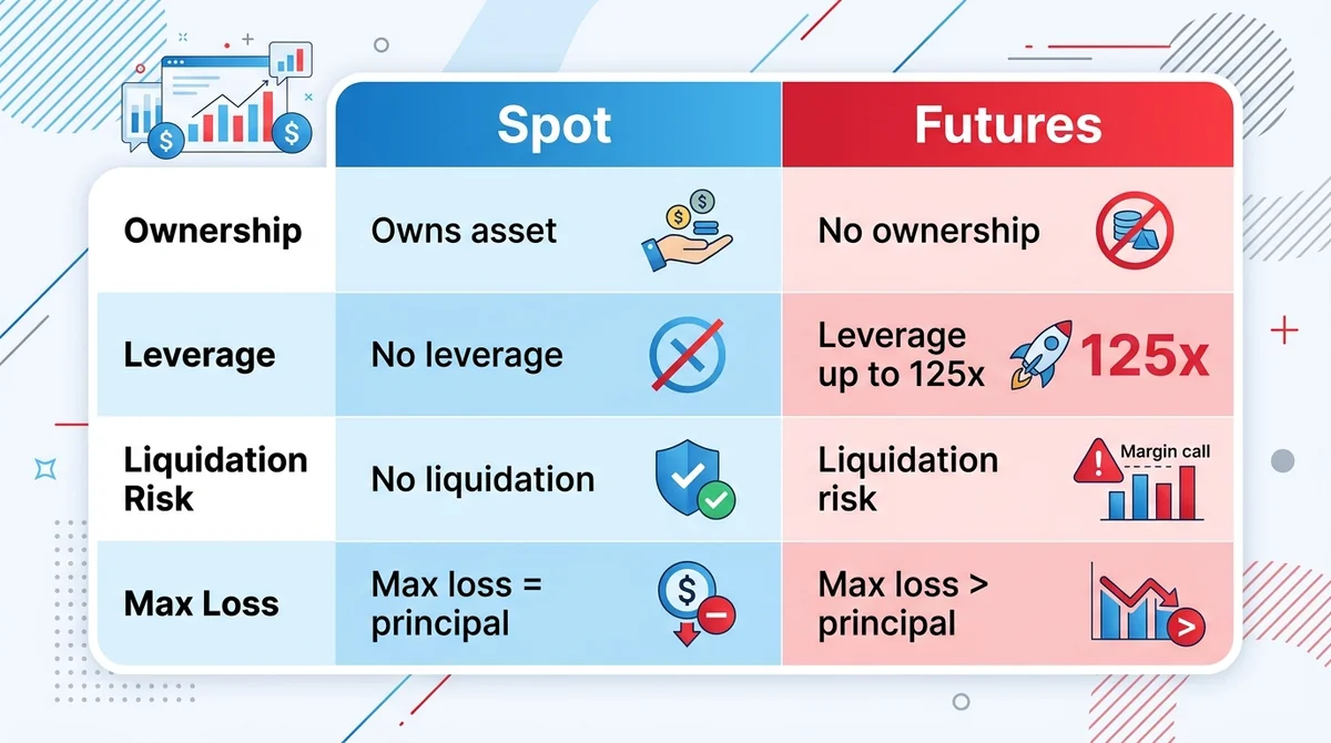 Wide 16:9 horizontal comparison table infographic. Two columns: 'Spot' and 'Futures'. Rows: 'Ownership', 'Leverage', 'Liquida