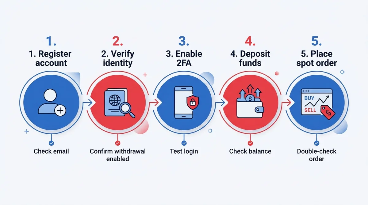 Wide 16:9 horizontal flow diagram infographic. Five numbered steps connected by arrows: 1. Register account, 2. Verify identi