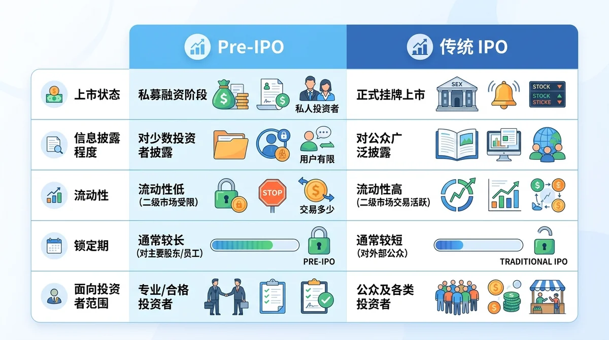 Pre-IPO 与传统 IPO 对比表:横向双栏对照,比较上市状态、信息披露程度、流动性、锁定期、面向投资者范围五个维度