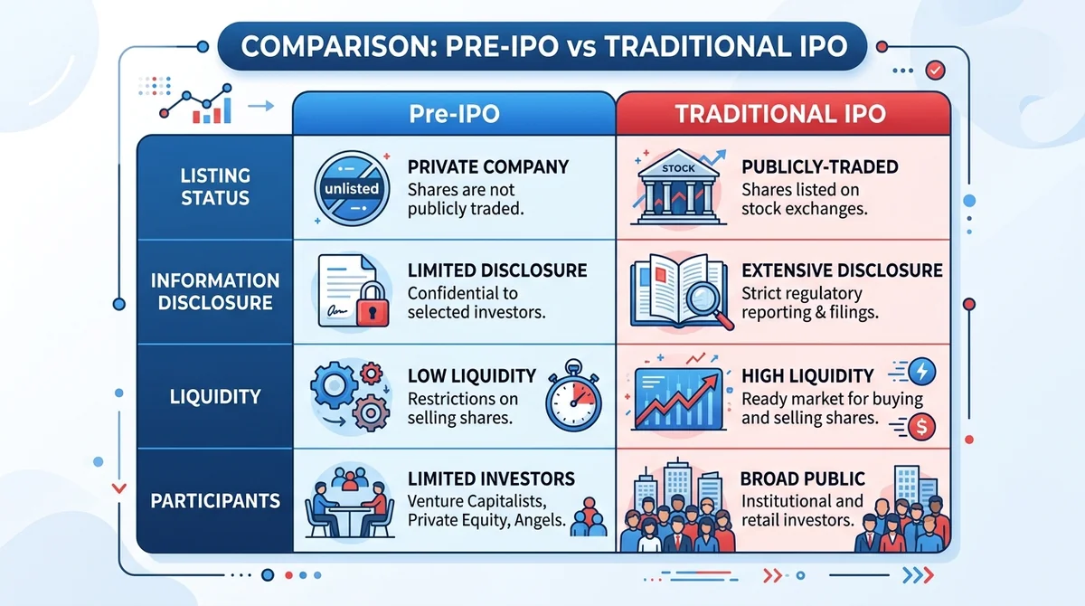 Wide 16:9 horizontal comparison table infographic, two columns headed 'Pre-IPO' and 'Traditional IPO', four rows labeled List