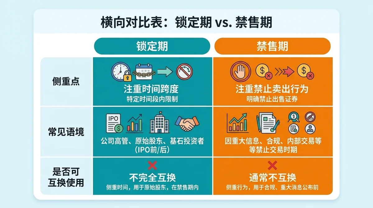 横向对比表格式示意图，左右两栏分别列出锁定期与禁售期两个说法在侧重点（时间维度 vs 禁止卖出行为）、常见语境、是否可互换使用三个维度的对照