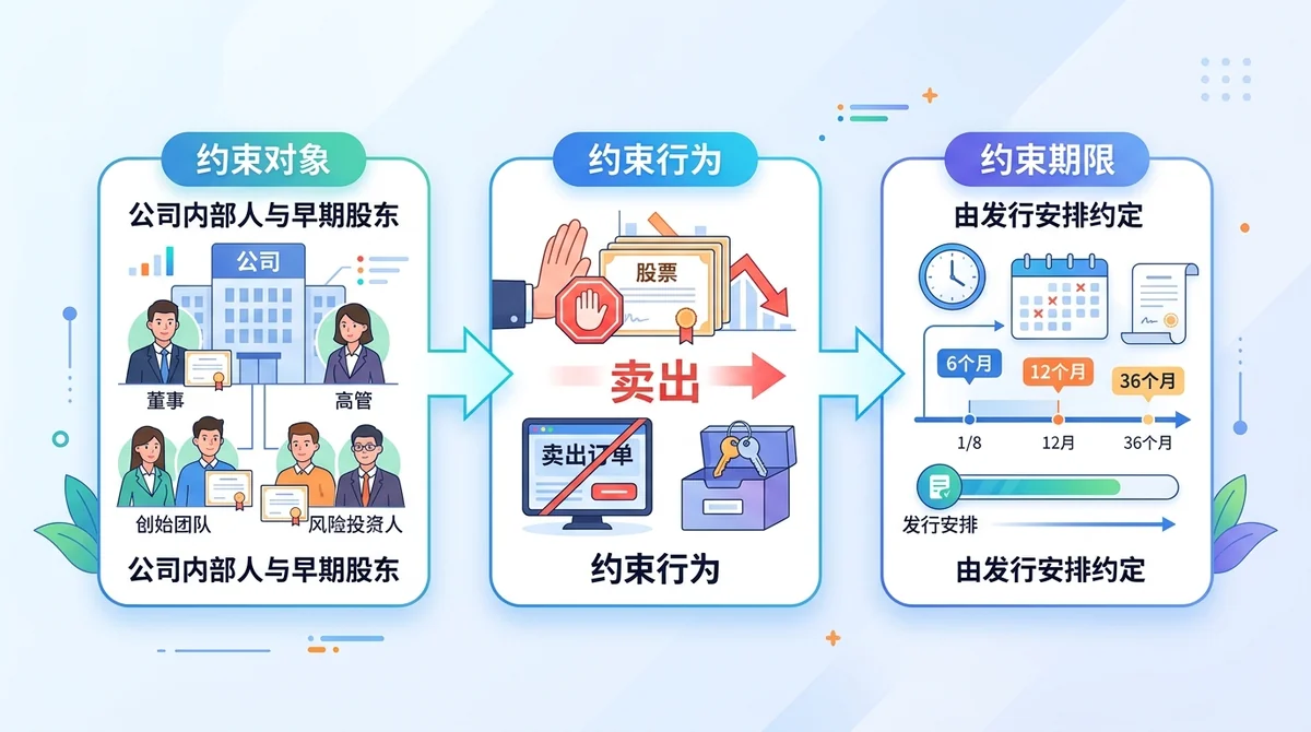 信息图拆解锁定期约束的三个维度：约束对象（公司内部人与早期股东）、约束行为（卖出）、约束期限（由发行安排约定），用三个并列模块加箭头呈现