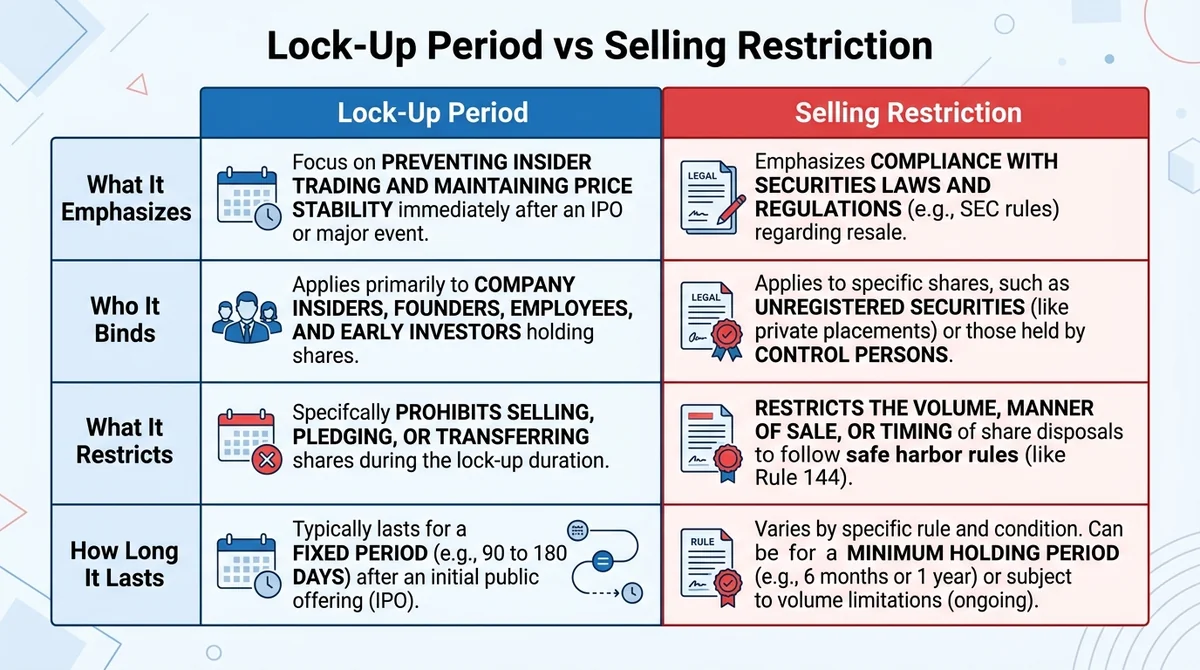 Wide 16:9 horizontal comparison table infographic, two columns titled 'Lock-Up Period' and 'Selling Restriction', four rows l