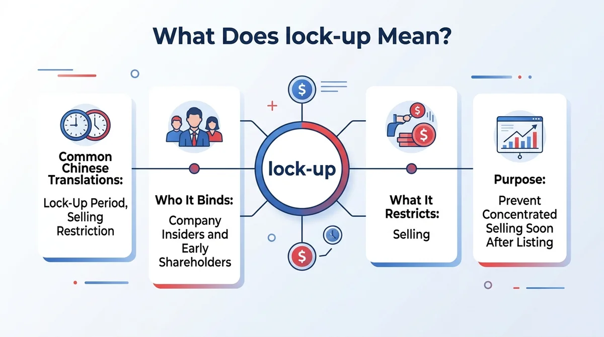 Wide 16:9 horizontal infographic, central bold label 'lock-up' connected to four flat cards: 'Common Chinese Translations: Lo