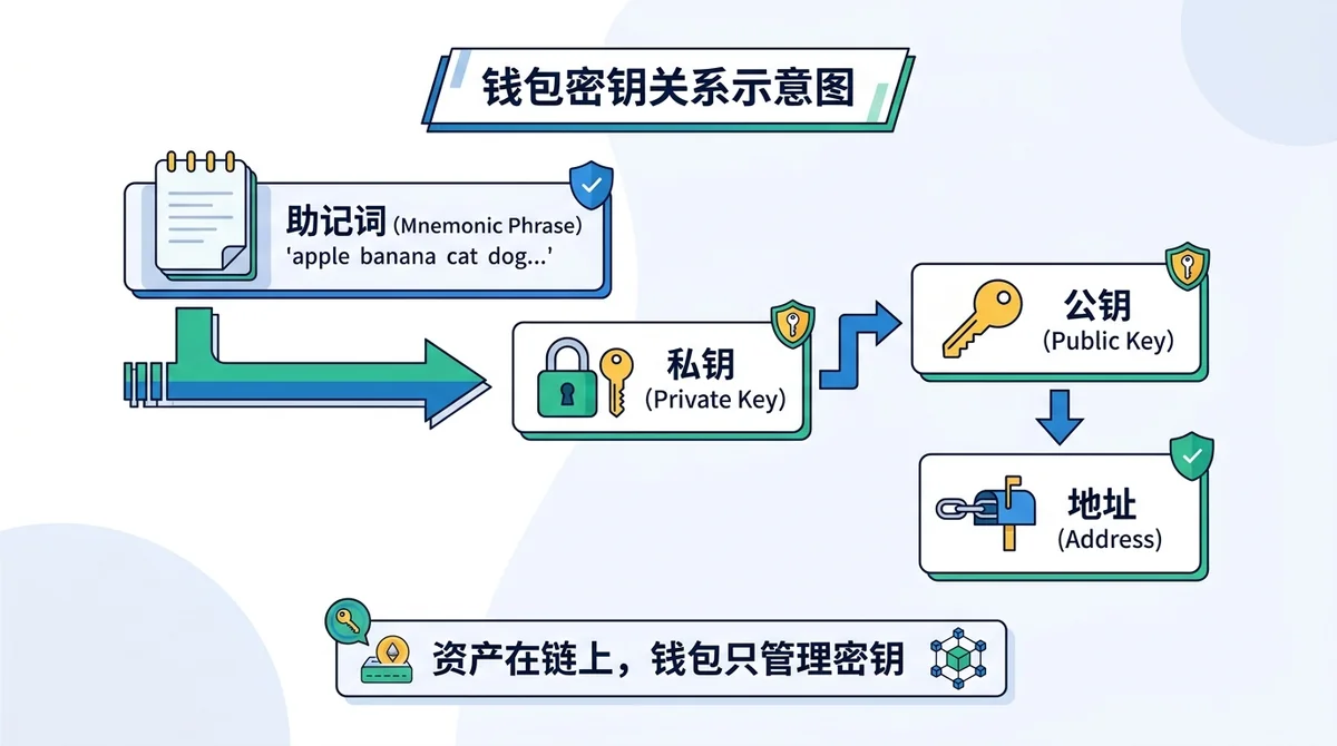 钱包密钥关系示意图:从助记词派生出私钥、公钥、地址的箭头流程,并标注'资产在链上,钱包只管理密钥'