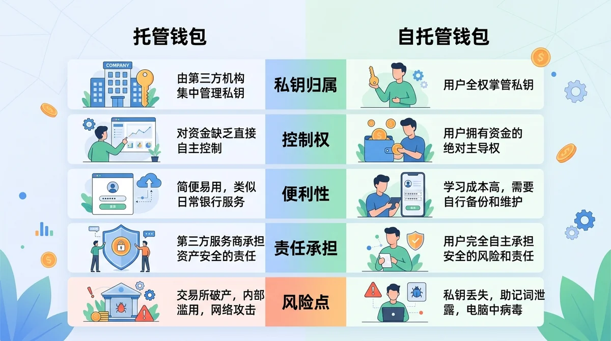 托管钱包与自托管钱包对比表:从私钥归属、控制权、便利性、责任承担、风险点五个维度并排对比