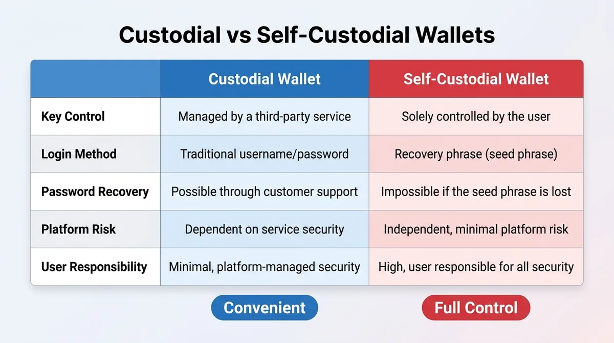 Wide 16:9 horizontal comparison table, two columns titled 'Custodial Wallet' and 'Self-Custodial Wallet', five rows labeled '