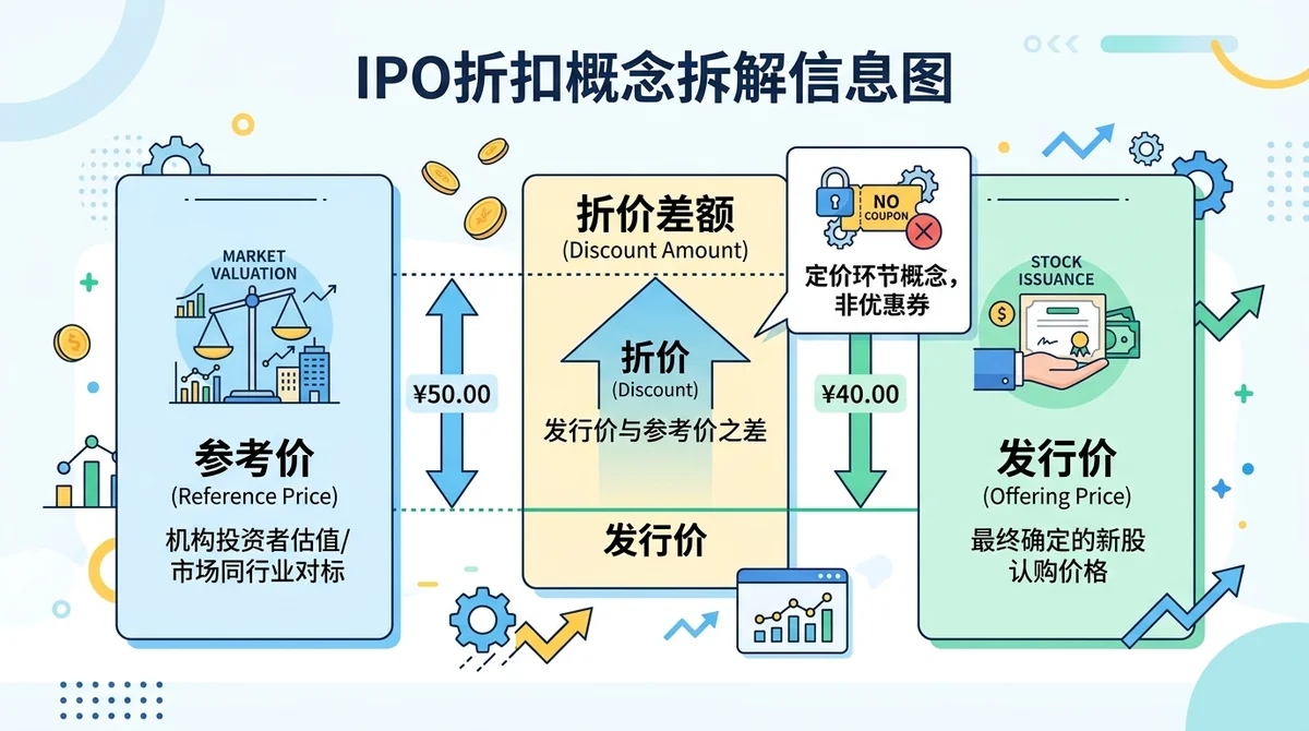 IPO 折扣概念拆解信息图：展示发行价、参考价与折价差额三者关系，用箭头标注差额区间，并注明'定价环节概念，非优惠券'