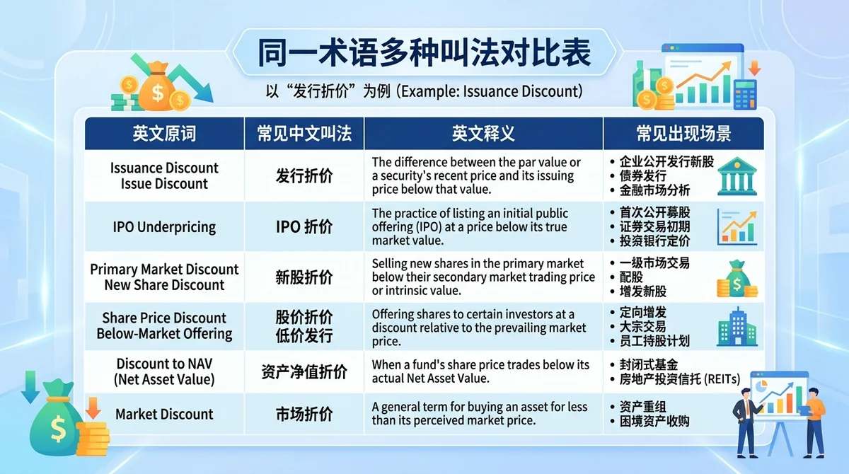 同一术语多种叫法对比表：列出英文原词、发行折价、IPO 折价、新股折价等叫法，并标注各叫法常见出现场景