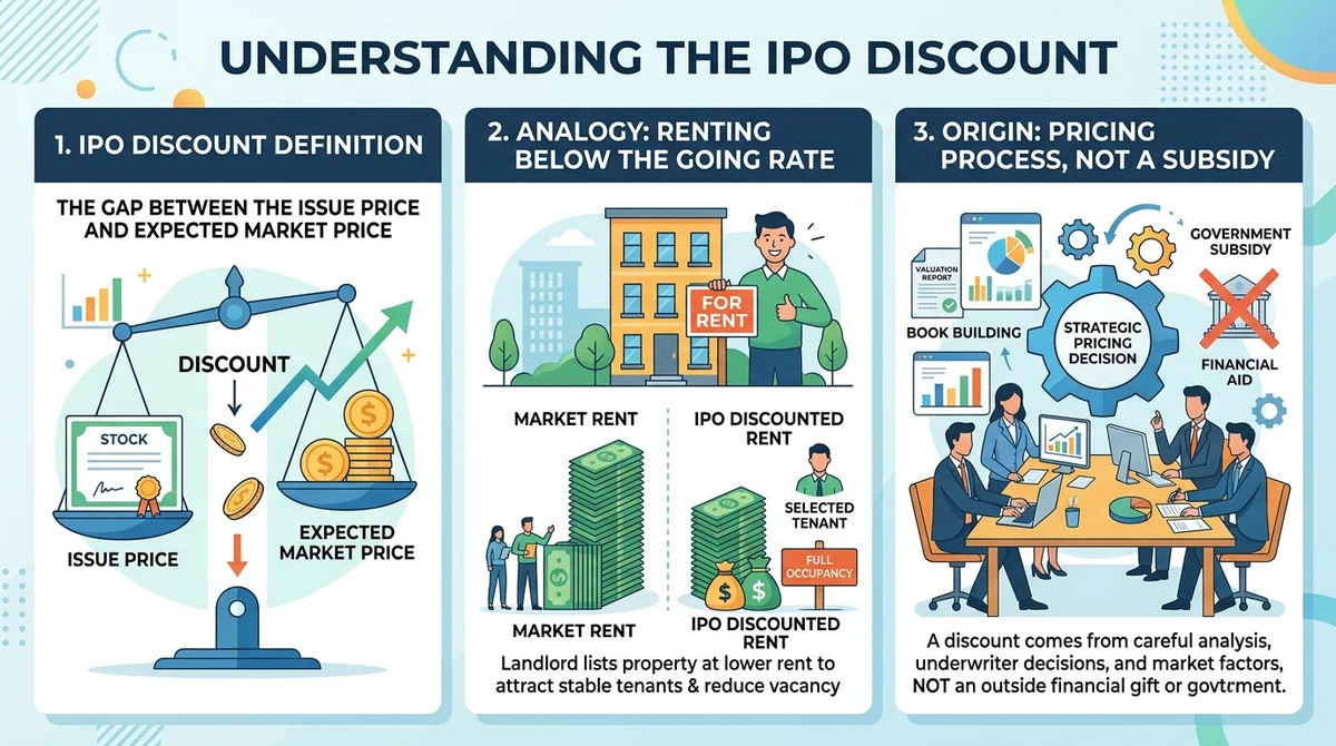 Wide 16:9 horizontal three-panel infographic, panel one one-line definition of IPO discount as the gap between issue price an
