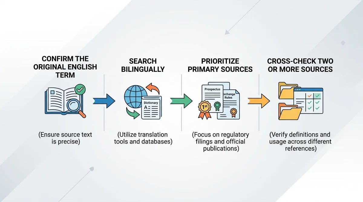Wide 16:9 horizontal flat workflow diagram with four connected steps, step one confirm the original English term, step two se