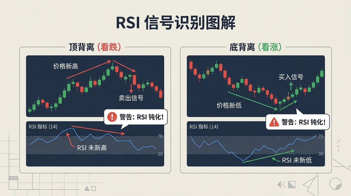 RSI信号识别图解:包含两组K线+RSI面板对比图,左侧展示顶背离(价格新高+RSI未新高),右侧展示底背离(价格新低+RSI未新低),各自用箭头标注背离结构,并标注钝化现象警示