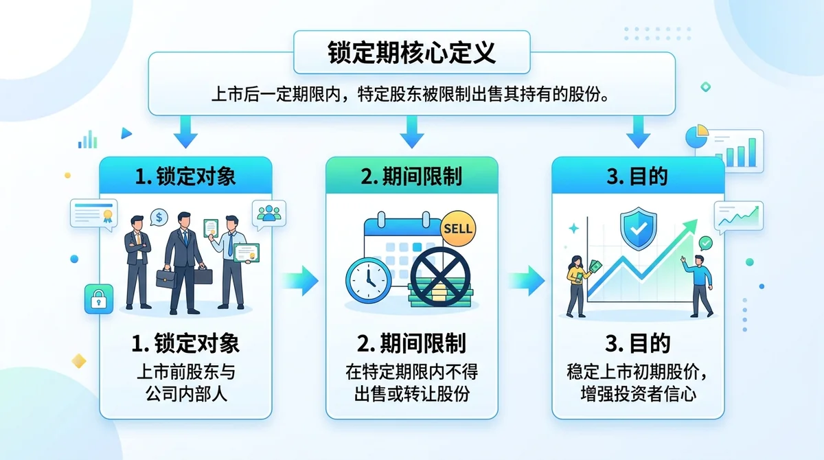 锁定期核心定义信息图:上方一句话定义,下方分三栏展示锁定对象(上市前股东与内部人)、期间限制(不得出售或转让)、目的(稳定上市初期股价),并用箭头串联逻辑