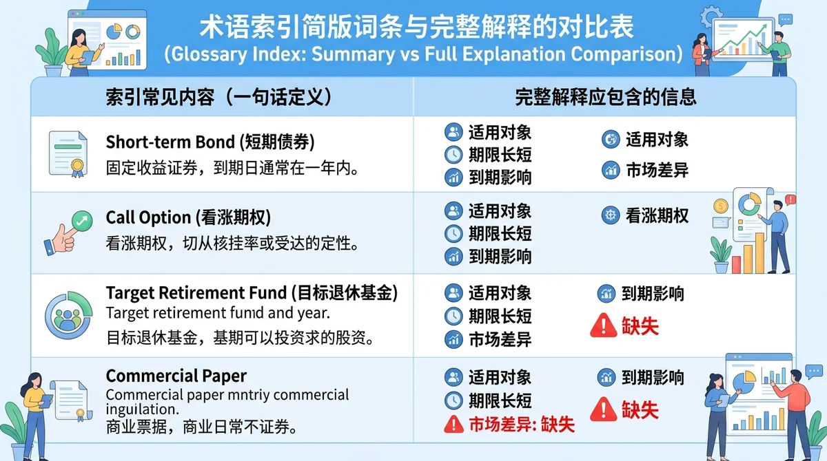 术语索引简版词条与完整解释的对比表:左列列出索引常见内容(一句话定义),右列列出完整解释应包含的信息(适用对象、期限长短、到期影响、市场差异),缺失项用醒目标记