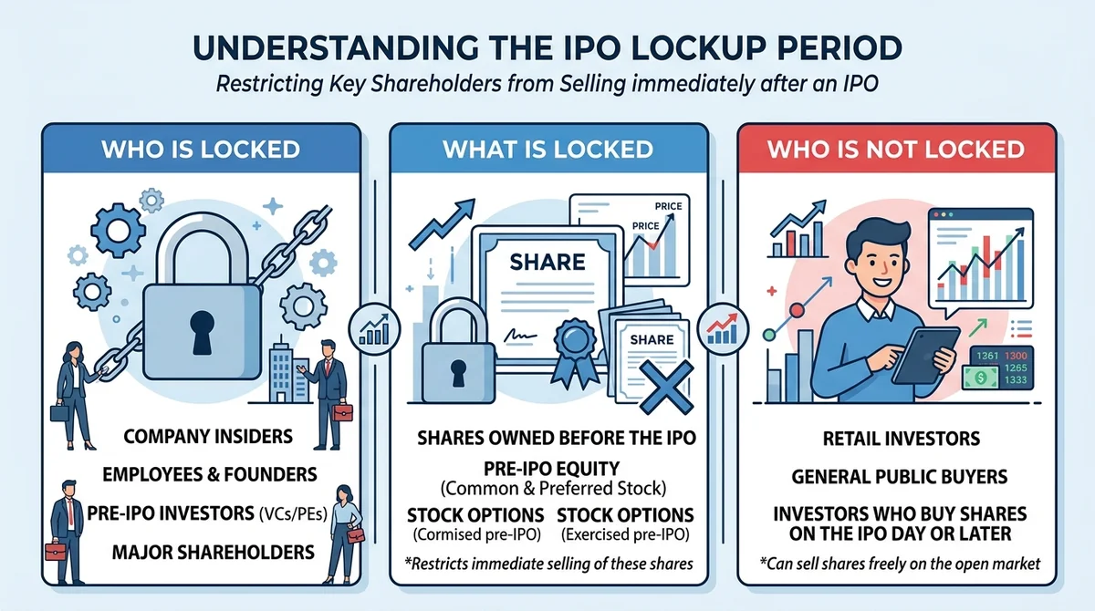 Wide 16:9 horizontal three-panel infographic explaining an IPO lockup period, panels labeled 'Who is Locked', 'What is Locked