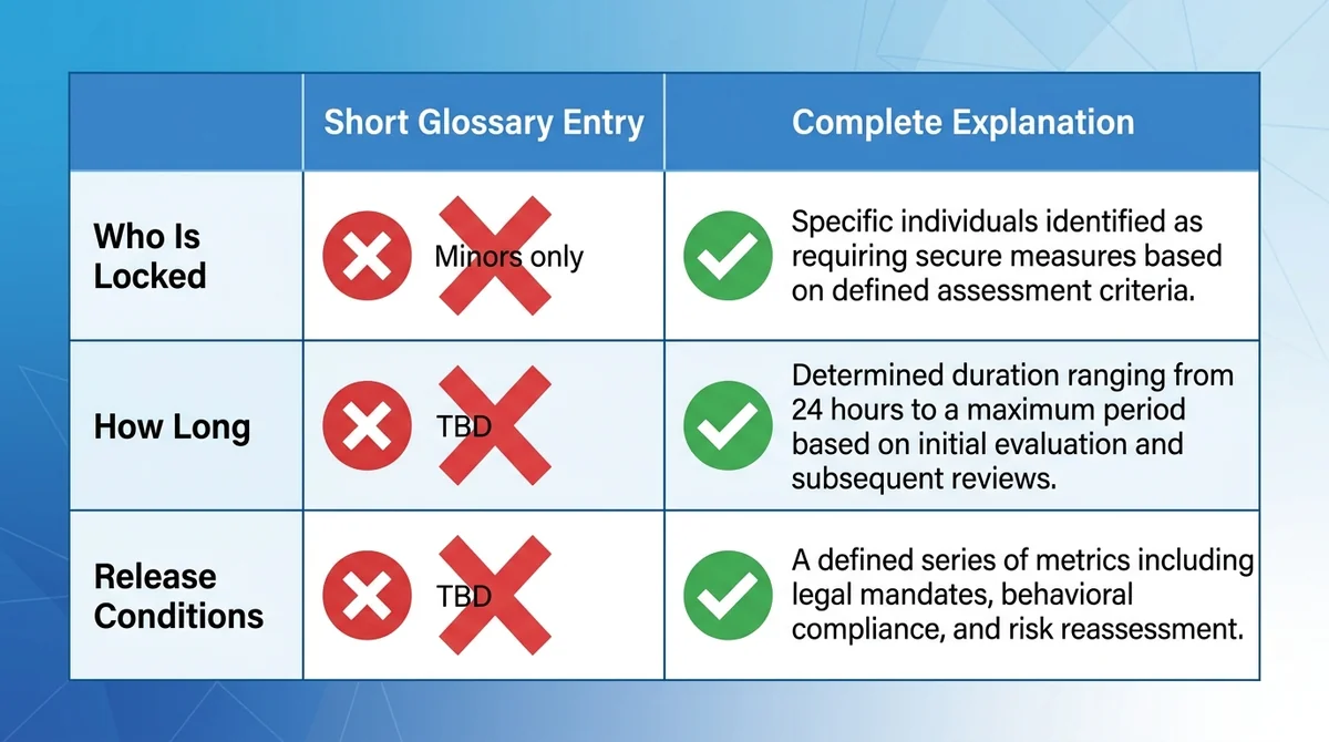 Wide 16:9 horizontal comparison table chart, two columns labeled 'Short Glossary Entry' and 'Complete Explanation', three row