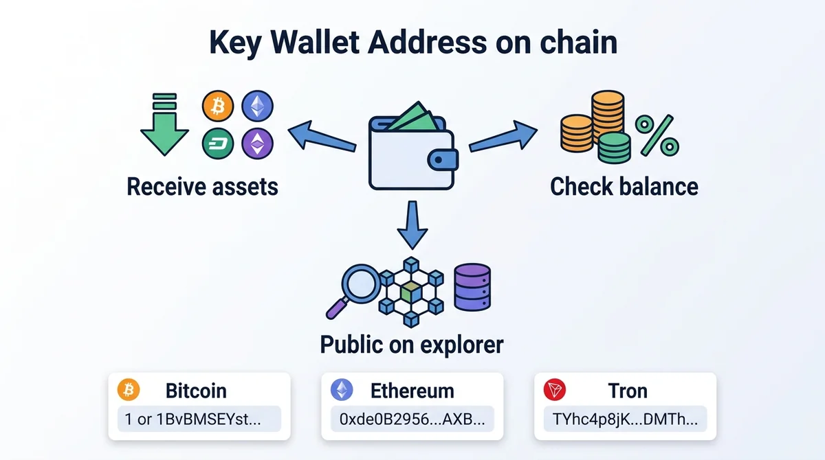 Horizontal infographic showing the role of a wallet address on chain: a wallet icon in the center, arrows pointing to 'Receiv