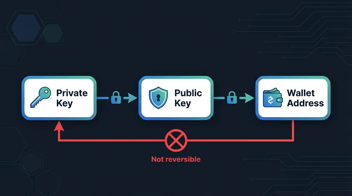One-way derivation diagram: left box labeled 'Private Key' with an arrow to 'Public Key', then an arrow to 'Wallet Address';