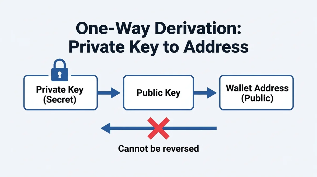 Wide 16:9 horizontal infographic, three boxes connected by arrows: 'Private Key (Secret)' with a lock icon, 'Public Key', 'Wa