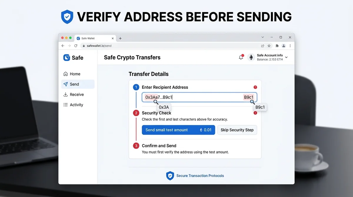Wide 16:9 horizontal screenshot mockup of a crypto wallet interface, an address field with the first and last characters high